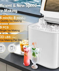 The Real Deal Countertop Ice Maker Machine Featuring Zero Effort Self Cleaning Routine And Smart Ice Size Settings. Ice cubes and drinks visible.