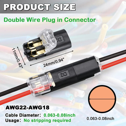Dimensions of 50 Pack Double Wire Plug In Connectors For LED Light Strips Low Voltage 2 Pin With Locking Buckle shown