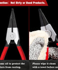 Heavy Duty Lock Ring Pliers Set with red handles, showing oil for rust protection, alongside a cloth for cleaning before use.