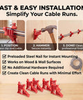 Lothee 200 Pack Red Cable Staples Clips With Steel Nails demonstrating installation steps for heavy duty plastic wire organizers.