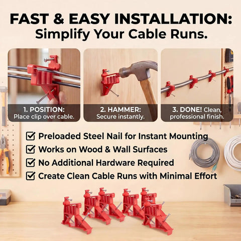 Lothee 200 Pack Red Cable Staples Clips With Steel Nails demonstrating installation steps for heavy duty plastic wire organizers.