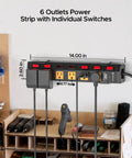 Heavy Duty Metal Power Strip With 6 Individually Switched Outlets, 1.77 Inch Wide Spacing For Bulky Plugs in garage setup.
