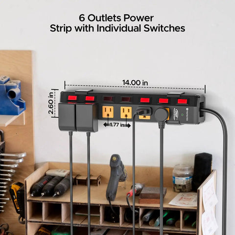 Heavy Duty Metal Power Strip With 6 Individually Switched Outlets, 1.77 Inch Wide Spacing For Bulky Plugs in garage setup.