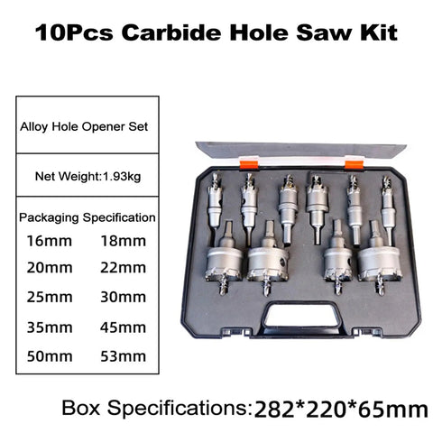 Top Tier Carbide Hole Saw Kit With Alloy Steel Cutter Set For Metal Stainless Steel Copper Cutting Featuring 40mm Depth Pilot Drill Bits And Hex Wrench Perfect For Installers And Workshops In 10 Pcs Set, 16-53mm case