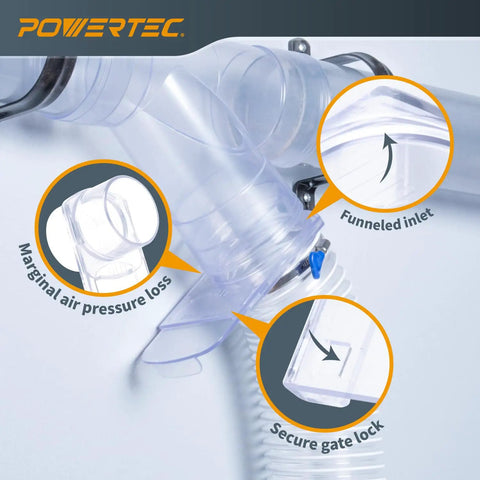Top Shelf Workshop Gear 2 1/2 Inch Blast Gate Dust Collection Fitting Featuring Anti Clog Tapered Abs Plastic Build For Shop Vac Pipe And Smooth Suction Hose Two Pack with clear funnel and secure gate lock feature.