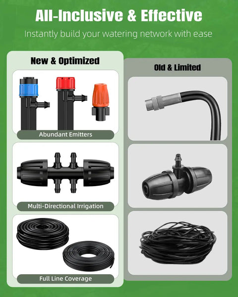Comparison of emitters and tubing in All In One Drip Irrigation Kit For Garden And Lawn With 240 Feet Main Tubing And Accessories