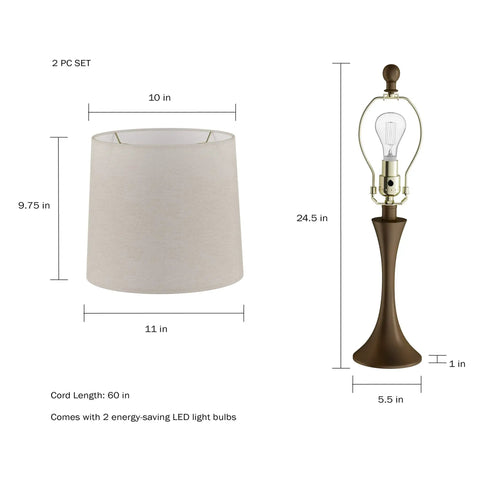 Set of 2 Mid Century Modern Table Lamps with Metal Flared Trumpet Bases in Bronze Finish, Includes Energy Efficient LED Bulbs and Drum Linen Shade Dimensions
