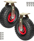 Rugged Heavy Duty Industrial Caster Wheels With Side Brakes Swivel Casters, red metal hubs, black rubber tread, mounting screws