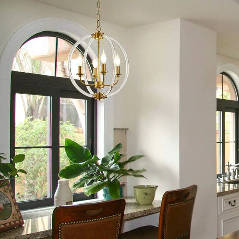 Modern Four Light Pendant Chandelier With Clear Acrylic Globes And Brass Finish In Dope Farmhouse Style for kitchen island.
