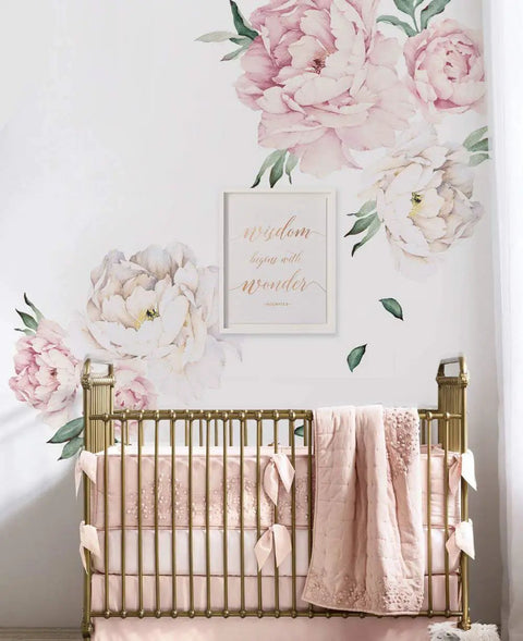 Peony Flowers Wall Sticker In Vintage Pink For Modern Homes Dope Removable And Reusable Floral Wall Art You Can Reposition Made In The USA Contemporary Pink Peony Decor For Living Room Bedroom Nursery above a nursery crib