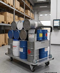 2600 Pound Capacity Steel Platform Cart With 43 By 26 Inch Flatbed Heavy Duty Industrial Moving Dolly With 6 Inch Fixed And Swivel Brake Wheels A Real Warehouse Workhorse For Inventory Tools And Equipment loaded with drums in warehouse