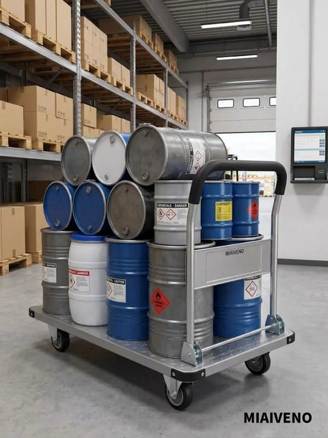 2600 Pound Capacity Steel Platform Cart With 43 By 26 Inch Flatbed Heavy Duty Industrial Moving Dolly With 6 Inch Fixed And Swivel Brake Wheels A Real Warehouse Workhorse For Inventory Tools And Equipment loaded with drums in warehouse