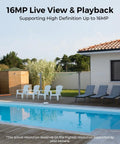 Poolside view indicating 16MP live view and playback for home hub for up to 8 battery and WiFi security cameras with encryption privacy.
