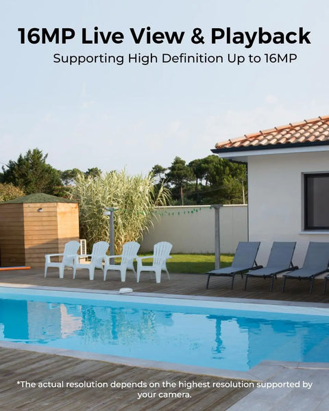 Poolside view indicating 16MP live view and playback for home hub for up to 8 battery and WiFi security cameras with encryption privacy.