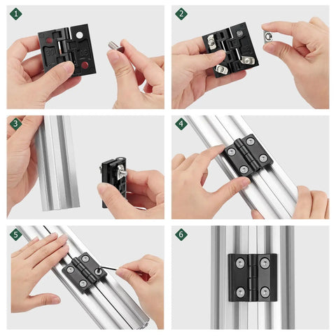 Built Tough 3030 Aluminum Extrusion Door Hardware Kit assembly process showing alloy hinge installation on aluminum frame.