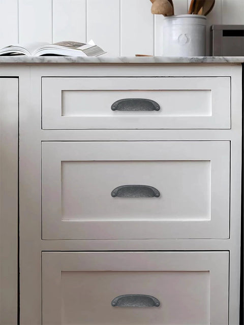 Kitchen drawer with 10 Pack Rustic Cup Pulls In Black Iron, 3-3/4 Inch Center-To-Center Cabinet Hardware, Vintage Farmhouse Style
