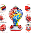 Nebula Color Hummingbird Feeder With Ant Moat And 32 Oz Nectar Capacity, vibrant glass design, easy assembly, multiple feeding ports.