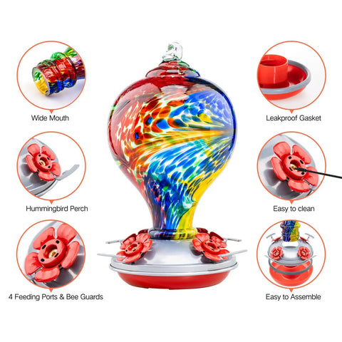 Nebula Color Hummingbird Feeder With Ant Moat And 32 Oz Nectar Capacity, vibrant glass design, easy assembly, multiple feeding ports.