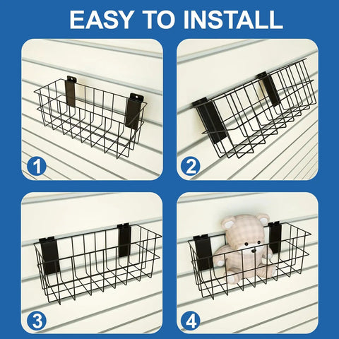Installation of wire basket from Ultimate Slatwall Storage Kit For Garage And Shop Organization With 3 Baskets And 26 Heavy Duty Hooks