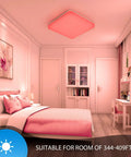 RGB Ceiling Light With Remote Control 13 Inch 36W Dimmable Flush Mount Fixture For Bedroom And Bathroom IP54 Waterproof Square Panel Lighting 3000K To 6500K Adjustable Modern Ceiling Lamp Mood Lighting installed in pink bedroom