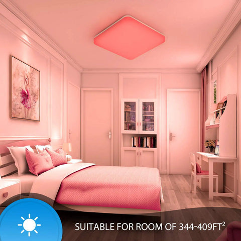 RGB Ceiling Light With Remote Control 13 Inch 36W Dimmable Flush Mount Fixture For Bedroom And Bathroom IP54 Waterproof Square Panel Lighting 3000K To 6500K Adjustable Modern Ceiling Lamp Mood Lighting installed in pink bedroom