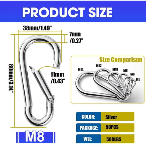 50 Pack Heavy Duty Carabiners M8 Five Sixteenths Inch Diameter Spring Snap 3 Inch Length Zinc Galvanized Steel Clips Product Size