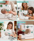 Mini Electric Sewing Machine With Extension Table And 56 Accessory Pieces, 12 Built In Stitches For Beginners, featuring women sewing with kids.