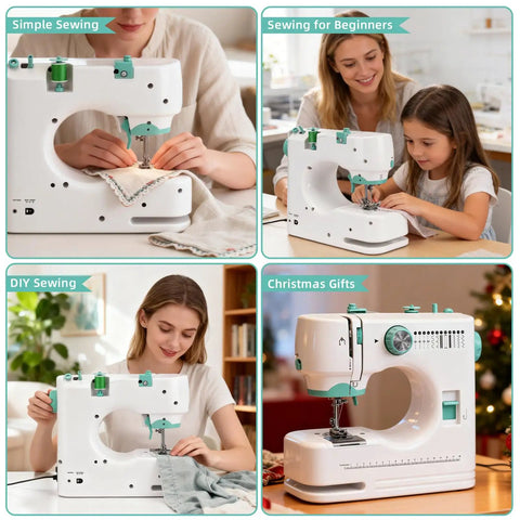Mini Electric Sewing Machine With Extension Table And 56 Accessory Pieces, 12 Built In Stitches For Beginners, featuring women sewing with kids.