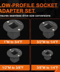 Low Profile Impact Socket Adapter Set for Tight Spaces Four Piece Drive Converter Kit with various size adapters shown.
