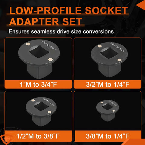 Low Profile Impact Socket Adapter Set for Tight Spaces Four Piece Drive Converter Kit with various size adapters shown.
