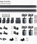Exterior Double Sliding Barn Door Hardware Kit With Box Track For Outdoor Use Heavy Duty Wall Mount System Supports Up To 300 Lbs Hardware Kit To Hang Two Doors Fits 36 Inches By 2 Doors displayed with accessories.