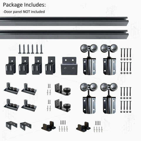 Exterior Double Sliding Barn Door Hardware Kit With Box Track For Outdoor Use Heavy Duty Wall Mount System Supports Up To 300 Lbs Hardware Kit To Hang Two Doors Fits 36 Inches By 2 Doors displayed with accessories.