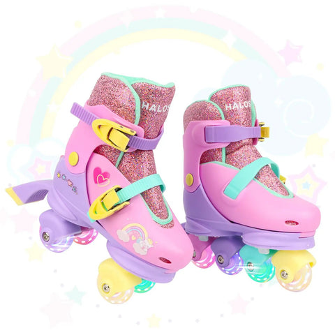 3 In 1 Convertible Kids Roller Skates With Light Up Wheels Hard Shell Boots Quad Inline And Tri Modes For Beginners Adjustable 4 Size Fit Boys And Girls Sticker Decor Colorful Fun, featuring pink and purple design with glowing wheels