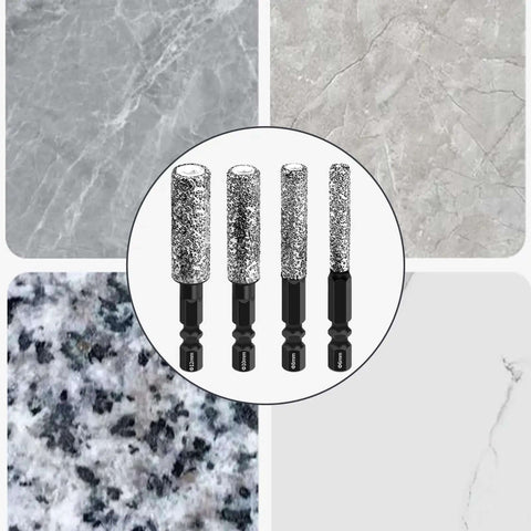 Upgrade Your Drill Game With This Hot Hexagonal Granite And Concrete Hole Saw Kit Featuring Enhanced Cooling Wax For Extended Lifespan Plus Integrated Polishing Handle For Smooth Profiling On Tough Projects. Four diamond drill bits for granite and concrete, 6mm to 12mm