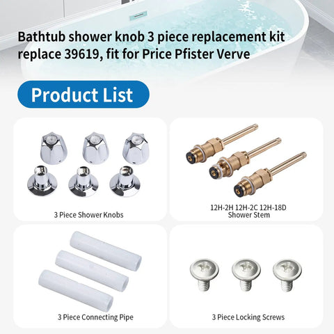 3-Handle Shower Trim Kit Replacement For Price Pfister Verve And Windsor Faucets, Tub And Shower Rebuild Kit With Solid Stems And Chrome Finish shown with separate components