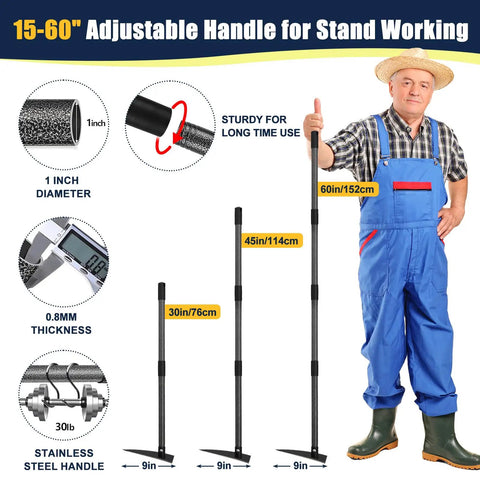 Gardener holding Beast Triangular Hoe with 15 to 60 inch adjustable stainless steel pole and detachable handle