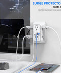 Heavy Duty 6 Outlet Splitter Surge Protector With 4 USB Ports And Dual Type C Plug And Play Wall Expander Power Strip in use