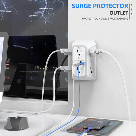 Heavy Duty 6 Outlet Splitter Surge Protector With 4 USB Ports And Dual Type C Plug And Play Wall Expander Power Strip in use
