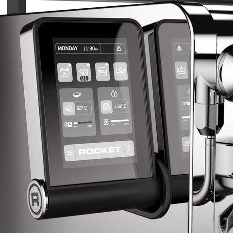 Close-up of touchscreen interface on Heavy Duty Dual Boiler Espresso Machine Featuring Programmable Pre And Post Infusion.