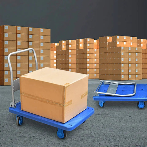 Heavy Duty Flatbed Hand Truck Cart With Foldable Handle 600 Pound Capacity Quiet Wheels Widened Cargo Baffle For Stable Load A Real Workhorse For Factories Shops And Moving Tasks, blue