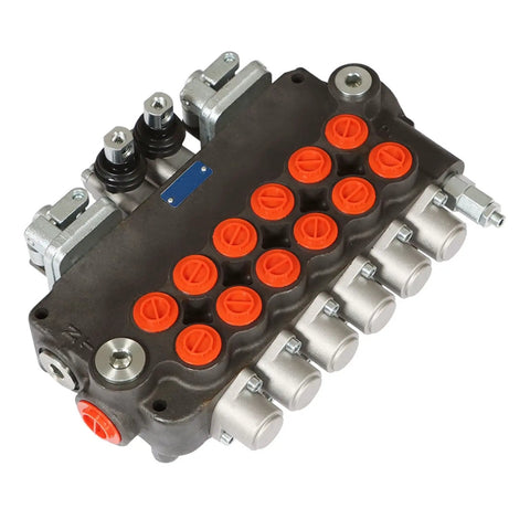 6 Spool 21GPM Hydraulic Directional Control Valve With Joystick, Double Acting, 3625 PSI Max, SAE ports, cast iron, top view