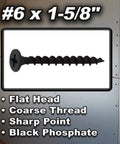 Contractor Grade Size 6 X 1-5/8 Drywall Screws 500 Pack Coarse Thread Wood Stud Fasteners black phosphate finish and sharp point