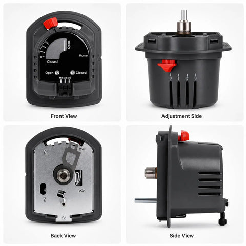 Zone Valve Actuator Replacement Motor For ARD And ZD Dampers, 24V Spring Return, Plug And Play With Adjustable Min And Max Stops, Compatible With Honeywell M847D1004 Damper Operator, Not For EARD Vents. Front and side views of black HVAC actuator with metal shaft and red adjustment tab