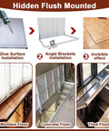 Slick Flush Floor Hatch Door For Basement Cellar Hidden Crawl Space Access Panel Locks Down Firm With Vinyl Tile Granite Or Wood Surfaces Heavy Duty Steel Plate 60X36 Inches Dead Simple Install installation guide showing glue, brackets, and invisible effect.