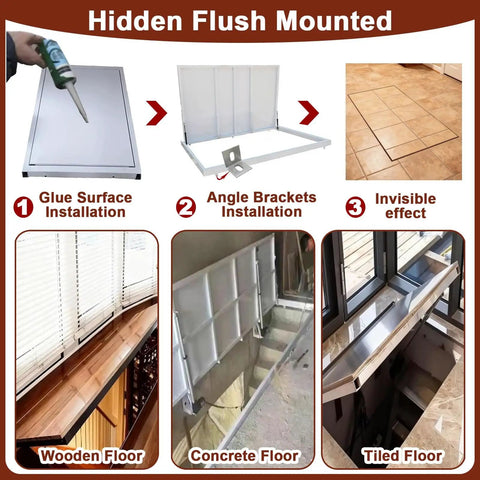 Slick Flush Floor Hatch Door For Basement Cellar Hidden Crawl Space Access Panel Locks Down Firm With Vinyl Tile Granite Or Wood Surfaces Heavy Duty Steel Plate 60X36 Inches Dead Simple Install installation guide showing glue, brackets, and invisible effect.