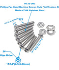 Top Shelf Three Zero Four Stainless Steel SixThirtyTwo Unc Phillips Pan Head Screw Hex Nut And Flat Washer Assortment Kit showing screw details.