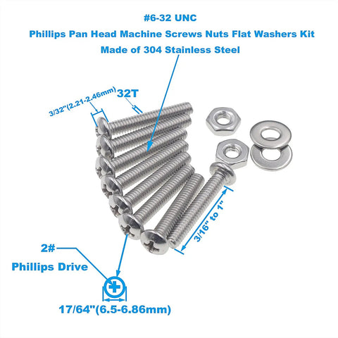 Top Shelf Three Zero Four Stainless Steel SixThirtyTwo Unc Phillips Pan Head Screw Hex Nut And Flat Washer Assortment Kit showing screw details.