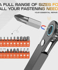 Compact Right Angle Screwdriver Kit With T5 T6 T7 Torx Bits, featuring interchangeable bits in an organized orange holder.