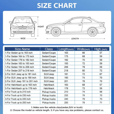 Size chart for All Weather Waterproof Car Cover For Sedans Universal Fit 183 To 193 Inches Weatherproof Vehicle Protector.