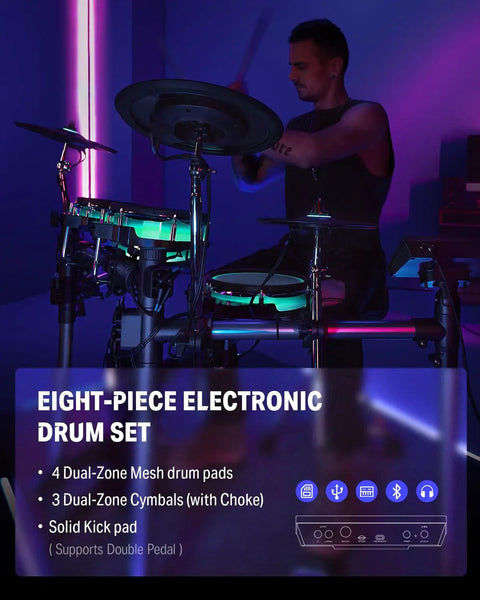 Musician playing eight-piece electric drum set with lights, featuring a 7-inch touchscreen and dual-zone mesh drum pads on stage.